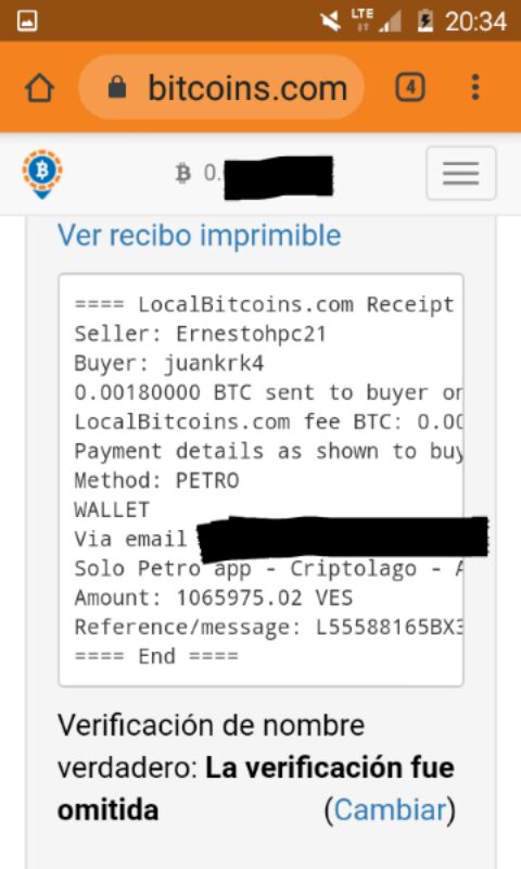 Screenshot del trade de Petros por Bitcoins a través de Localbitoins.com