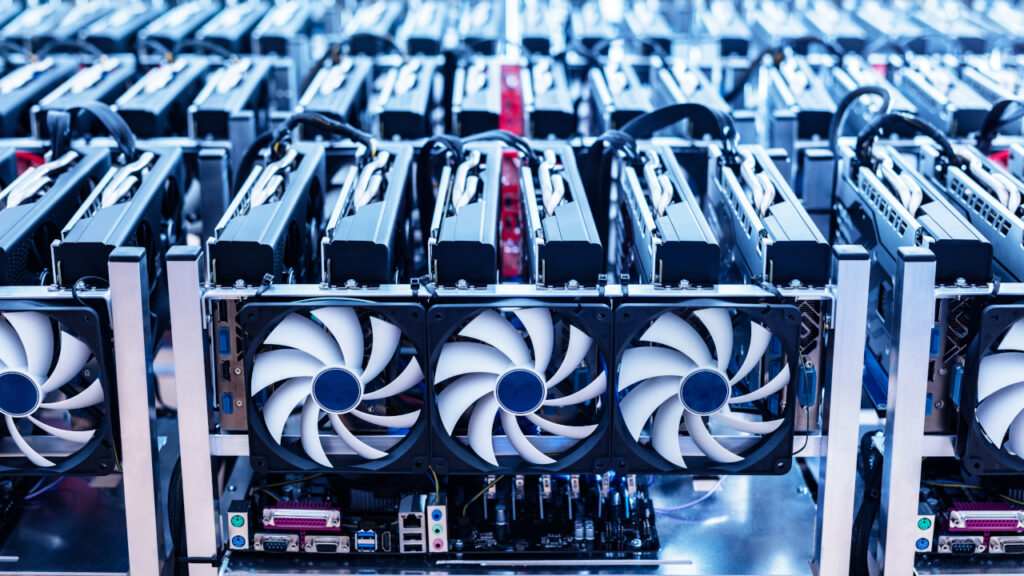 A rack of Bitcoin mining machines