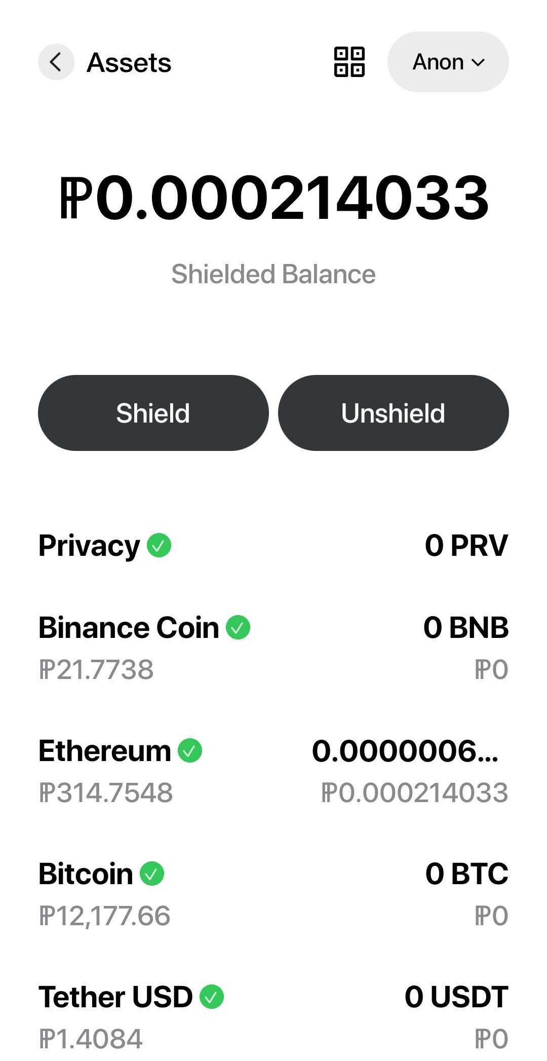 The assets view of the app