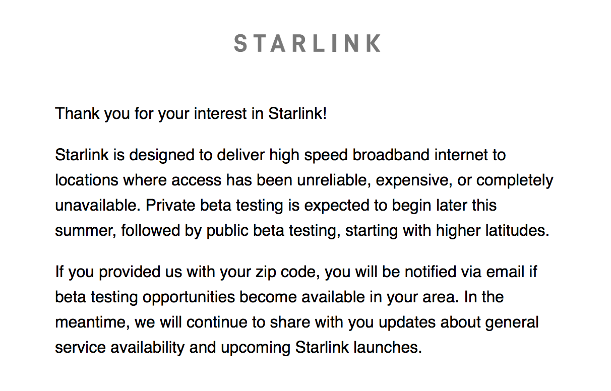 E-mailové oznámení Starlink