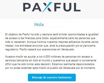 Extracto del mensaje de Paxful a los usuarios de Venezuela.