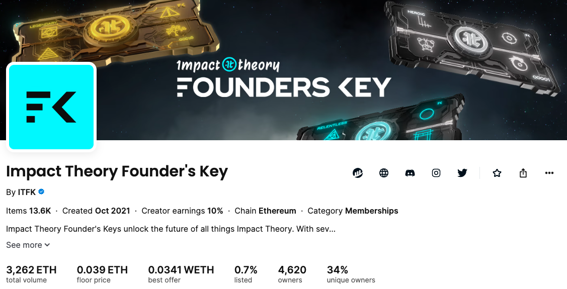 screenshot of impact theory founders key nft collection on opensea