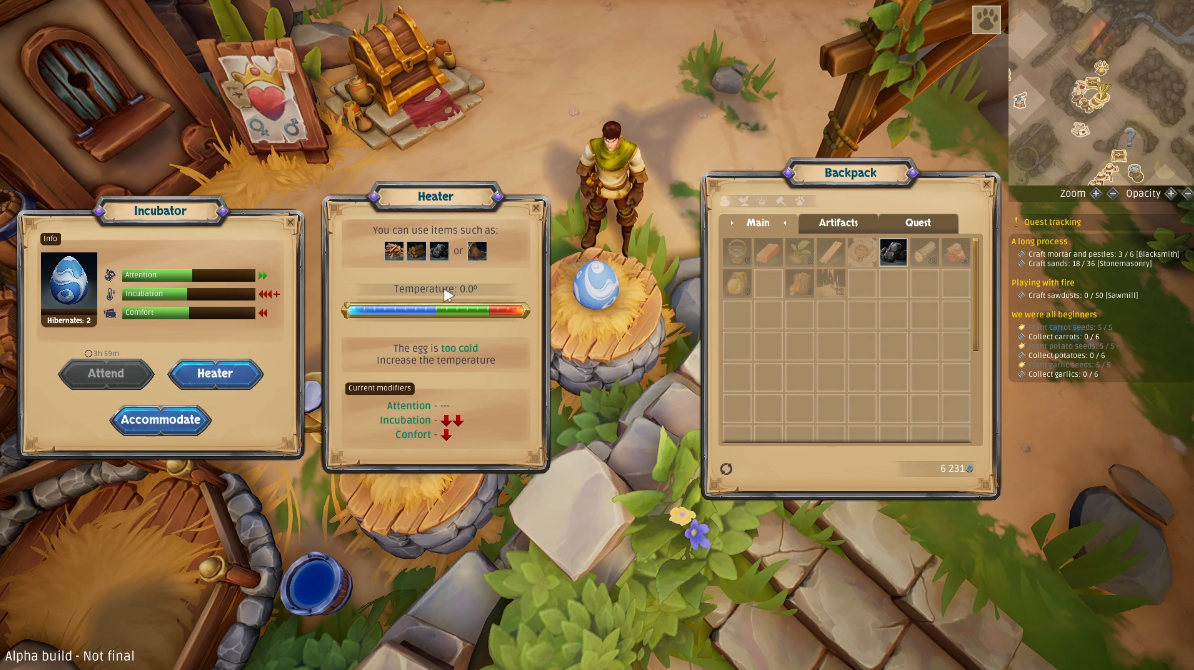 Game screenshot showing multiple menus open with an egg that needs attention, incubation, and comfort.