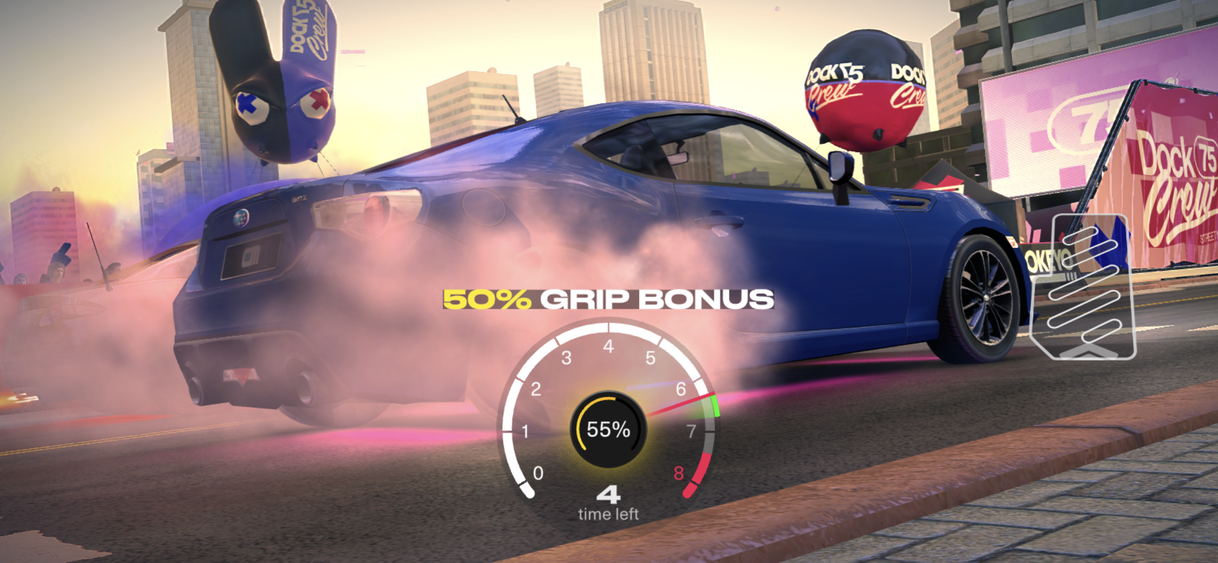 game screenshot showing blue Subaru receiving a "grip bonus" because of user's pre-match acceleration technique.