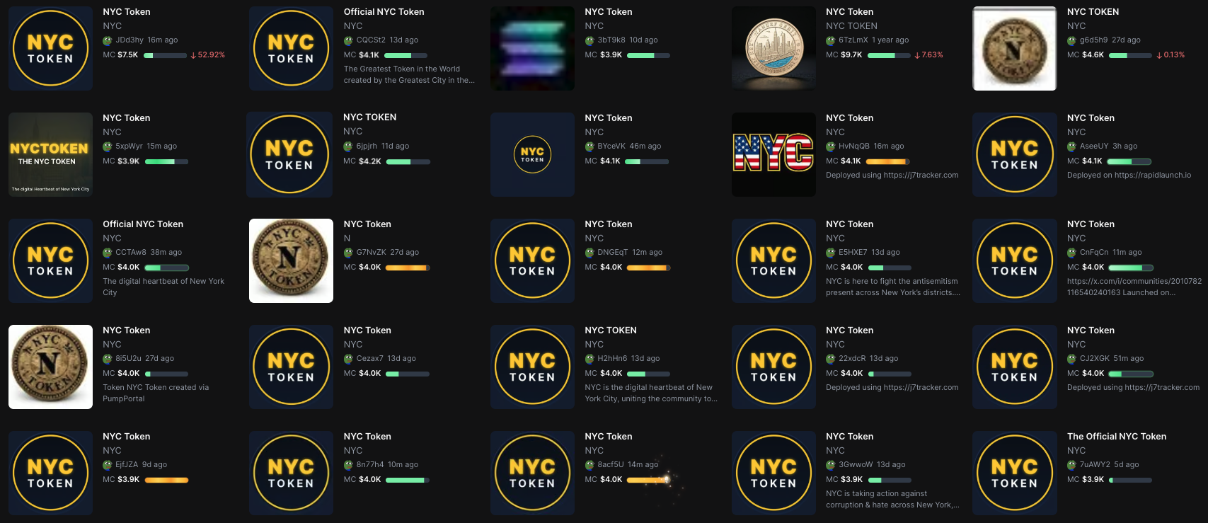 A series of copycats modeled on Eric Adams' token. Image: Decrypt/Pump.fun