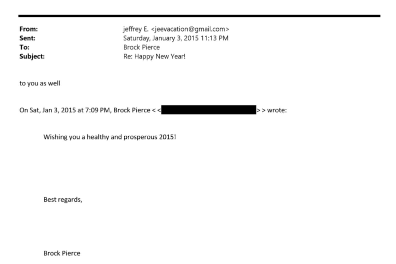 An email exchange between Jeffrey Epstein and Brock Pierce. Image: DOJ