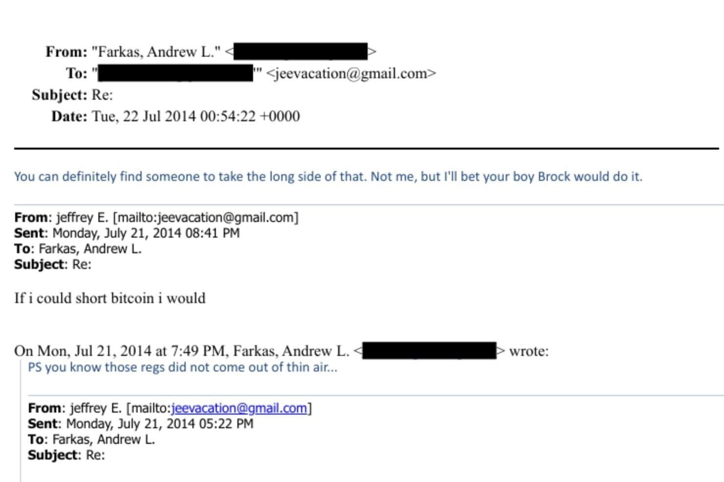 An email exchange between Jeffrey Epstein and Andrew Farkas. Image: DOJ 