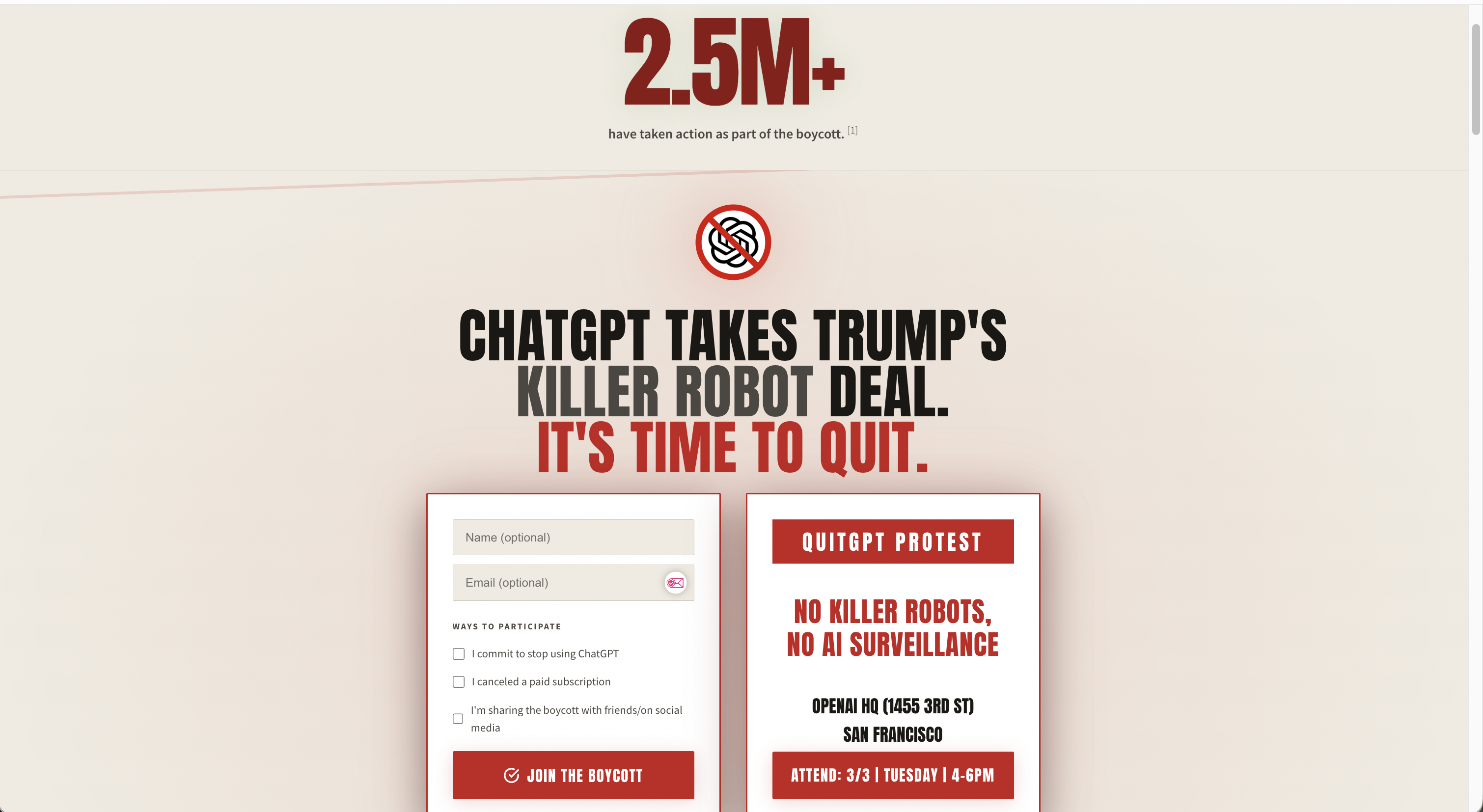 Screenshot of the QuitGPT pledge page.